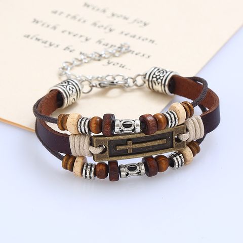 Retro Geometric Cross Alloy Wooden Beads Leather Knitting Unisex Bracelets