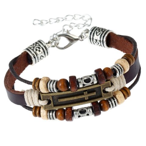 Retro Geometric Cross Alloy Wooden Beads Leather Knitting Unisex Bracelets