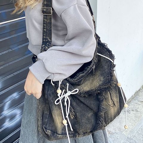 Women's Large Summer Denim Geometric Vintage Style Zipper Shoulder Bag