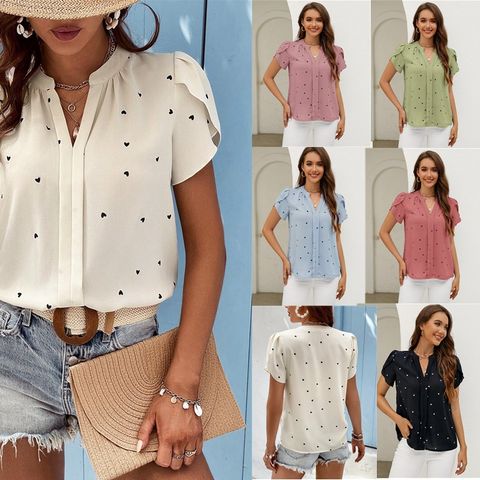 Women's Chiffon Shirt Short Sleeve Blouses Printing Streetwear Heart Shape