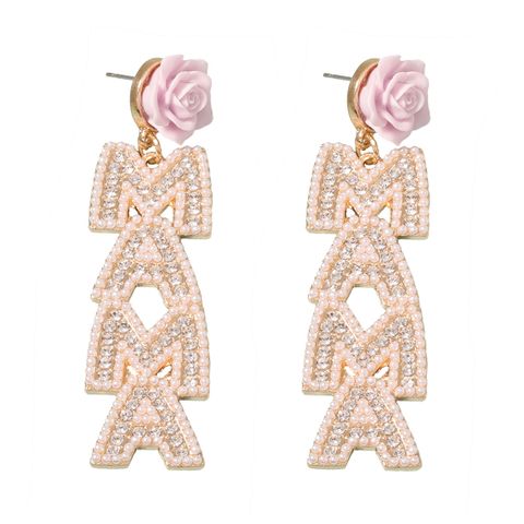 IG Style MAMA Letter Flower Alloy Plating Inlay Artificial Pearls Rhinestones Mother'S Day Women's Drop Earrings 1 Pair