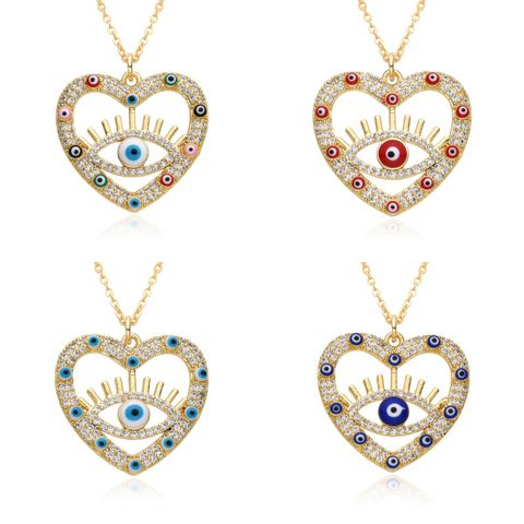 Copper 18K Gold Plated IG Style Shiny Devil's Eye Heart Shape Enamel Hollow Out Inlay Zircon Pendant Necklace