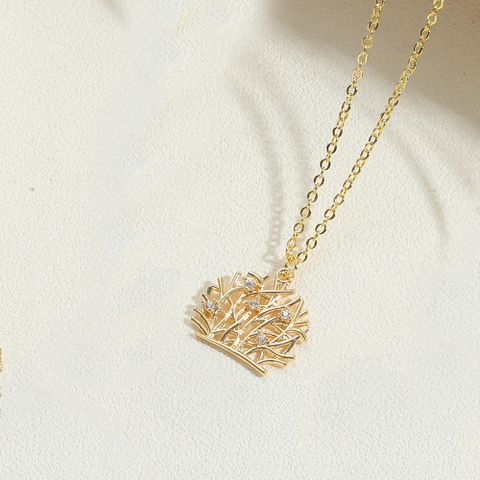 Copper 14K Gold Plated Vintage Style Simple Style Commute Oval Water Droplets Heart Shape Hollow Out Inlay Zircon Pendant Necklace