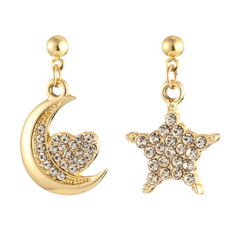 1 Par Casual Lindo Estrella Luna Aleación Diamantes De Imitación Chapado En Oro Plateado Pendientes De Gota
