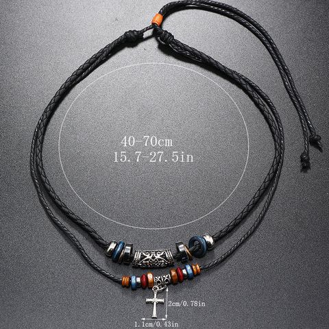 Casual Vintage Style Cross Beaded Alloy Leather Rope Unisex Double Layer Necklaces