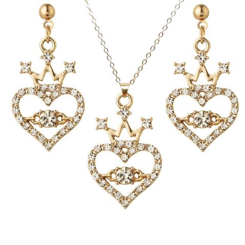 Elegant Wedding Bridal Heart Shape Crown Alloy Hollow Out Inlay Rhinestones Gold Plated Silver Plated Women's Earrings Necklace
