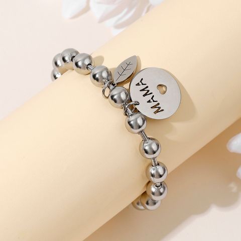 Stainless Steel Casual MAMA Simple Style Letter Leaves Beaded Carving Bracelets