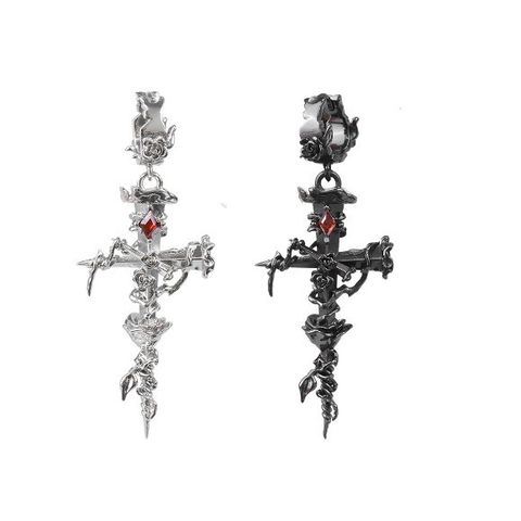 1 Pair Gothic Cross Rose Carving Sterling Silver Drop Earrings