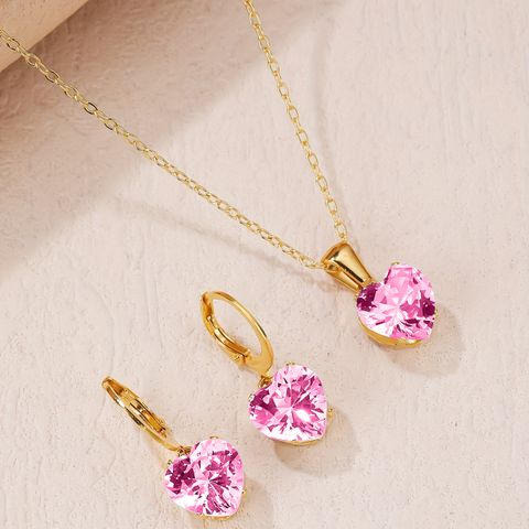 Elegant French Style Heart Shape Stainless Steel Plating Inlay Zircon Gold Plated Pendant Necklace