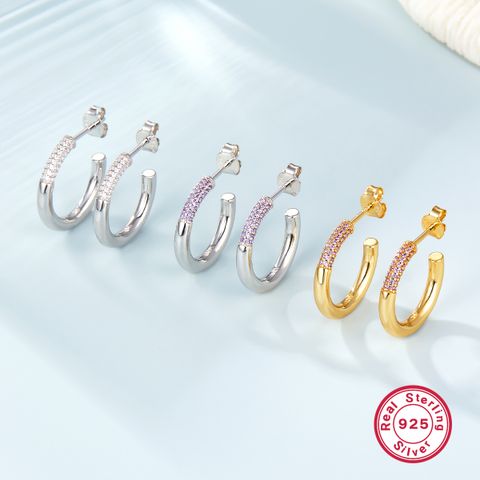 1 Pair Glam Simple Style C Shape Inlay Sterling Silver Zircon 18K Gold Plated White Gold Plated Ear Studs