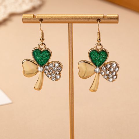1 Pair Elegant Simple Style Shamrock Enamel Inlay Alloy Glass 14K Gold Plated Drop Earrings
