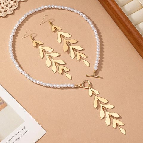 Elegant Luxurious Leaves Artificial Pearl Alloy Beaded Tassel 14K Gold Plated Women's Earrings Necklace