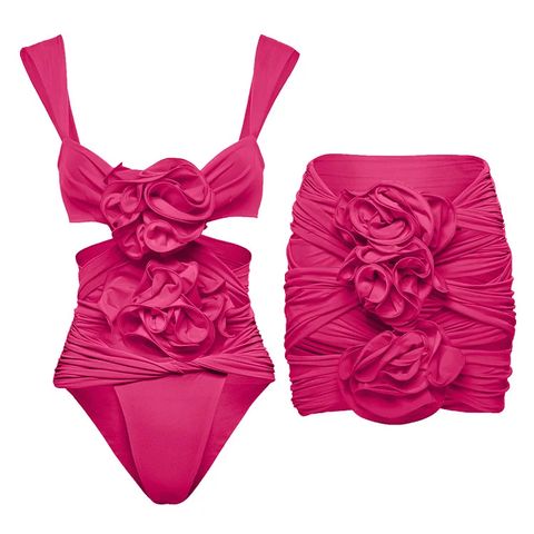 Women's Retro French Style Romantic Solid Color Flowers Ruched One Piece Swimwear