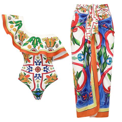 Women's Glam Retro French Style Digital Printing Asymmetrical Ruched One Piece Swimwear