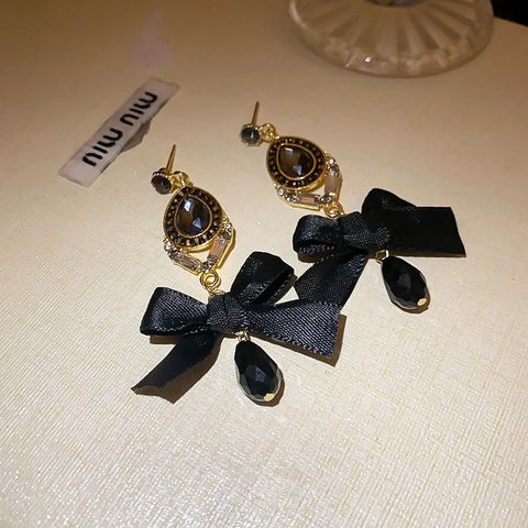1 Pair Elegant Glam Water Droplets Bow Knot Plating Inlay Alloy Cloth Artificial Crystal Rhinestones Drop Earrings