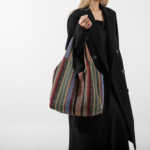 Women's Medium Canvas Color Block Vintage Style Open Handbag
