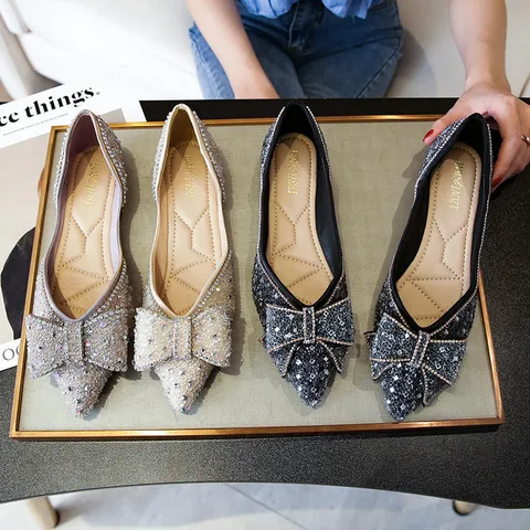 Women's Elegant Bow Knot Rhinestone Point Toe Flats