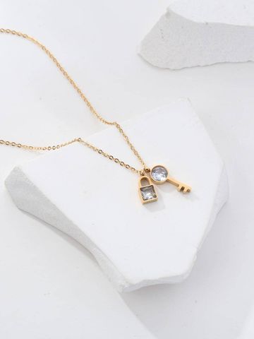 Copper 18K Gold Plated IG Style Heart Shape Key Lock Inlay Zircon Pendant Necklace