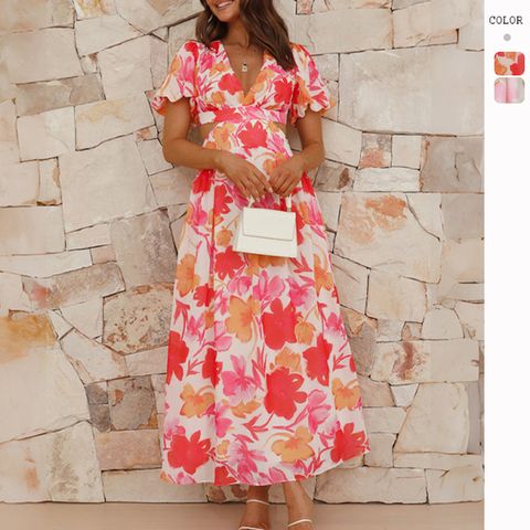 Women's Swing Dress Elegant Pastoral Deep V Printing Backless Short Sleeve Ditsy Floral Maxi Long Dress Holiday