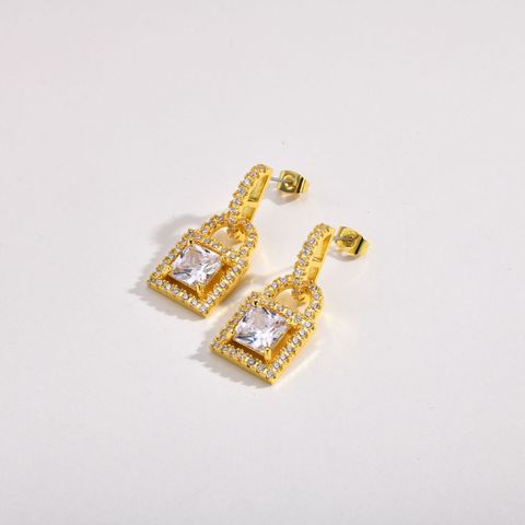 1 Pair Simple Style Shiny Lock Inlay Brass Diamond Drop Earrings
