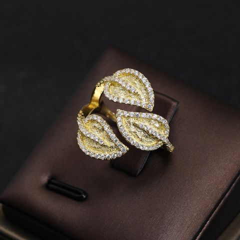 Wholesale Simple Style Leaves Copper Plating Inlay Gold Plated Zircon Wide Band Rings