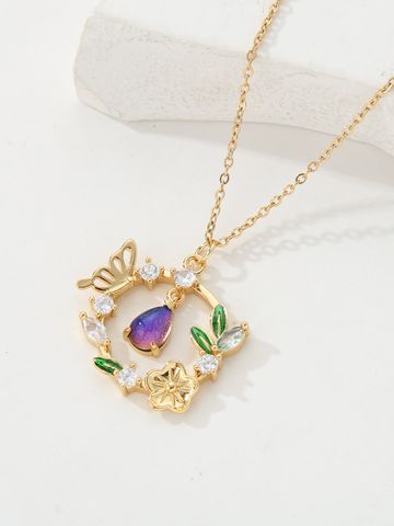 Copper 18K Gold Plated IG Style Water Droplets Wreath Butterfly Inlay Zircon Pendant Necklace