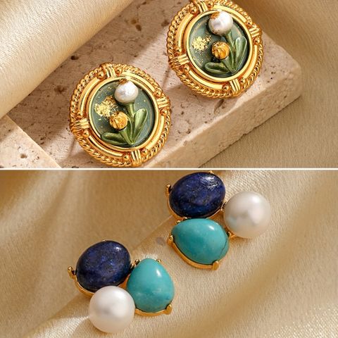 1 Pair Retro Pastoral Flower Inlay Copper Freshwater Pearl Turquoise Lapis Lazuli 18K Gold Plated Ear Studs