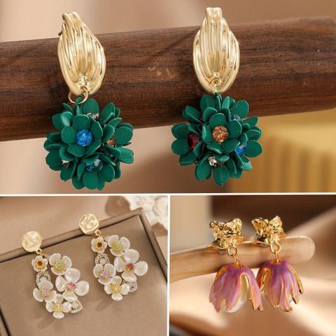 1 Pair Vacation Flower Arylic Copper Rhinestones 18K Gold Plated Drop Earrings