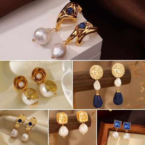 1 Pair Elegant Retro Irregular Pearl Freshwater Pearl Copper Natural Stone 18K Gold Plated Drop Earrings