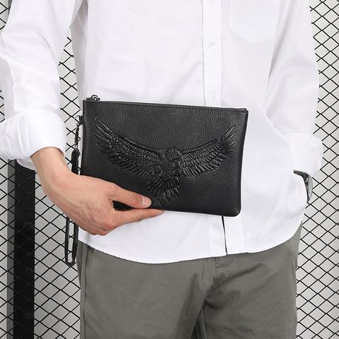 Men's Solid Color Eagle Pu Leather Zipper Long Wallets
