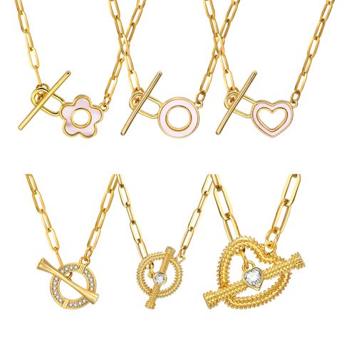 Stainless Steel Copper 18K Gold Plated IG Style Toggle Inlay Round Heart Shape Flower Shell Zircon Necklace