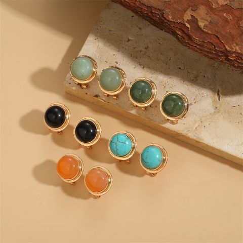 1 Pair Vintage Style Simple Style Round Inlay Copper Acrylic Turquoise 14K Gold Plated Ear Studs