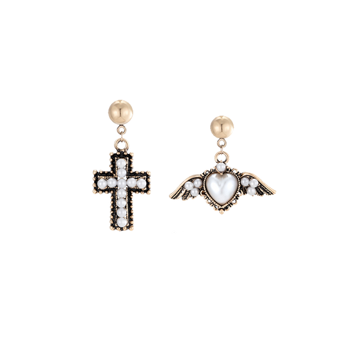 1 Pair Retro Cross Heart Shape Wings Asymmetrical Plating Inlay Alloy Artificial Pearls Zircon Drop Earrings