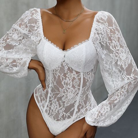 Women's Bodysuits Bodysuits Rib-Knit Lace Simple Style Solid Color