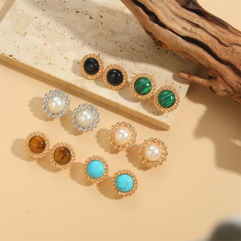 1 Pair Vintage Style Simple Style Commute Round Inlay Copper Natural Stone Pearl 14K Gold Plated Ear Studs