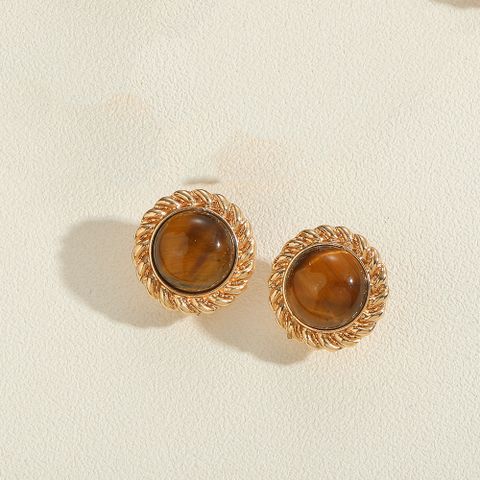 1 Pair Vintage Style Simple Style Commute Round Inlay Copper Natural Stone Pearl 14K Gold Plated Ear Studs