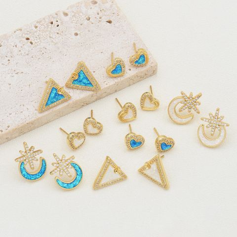 1 Pair Casual Simple Style Triangle Moon Heart Shape Copper Zircon 18K Gold Plated Ear Studs