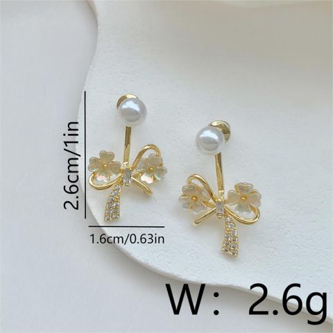 1 Pair Vintage Style Bow Knot Plating Inlay Copper Pearl Zircon 18K Gold Plated Drop Earrings