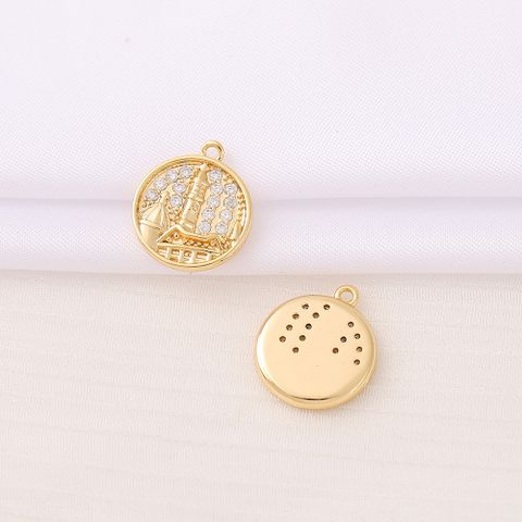 1 Piece 14 * 16mm Copper Zircon 18K Gold Plated Round Castle Polished Pendant