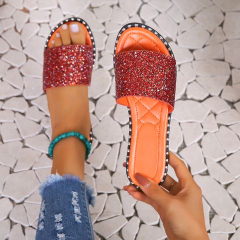 Women's Casual Solid Color Sequins Round Toe Flat Slippers