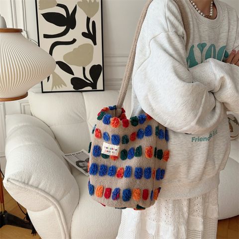 Women's Medium Plush Color Block Cute Magnetic Buckle Bucket Bag
