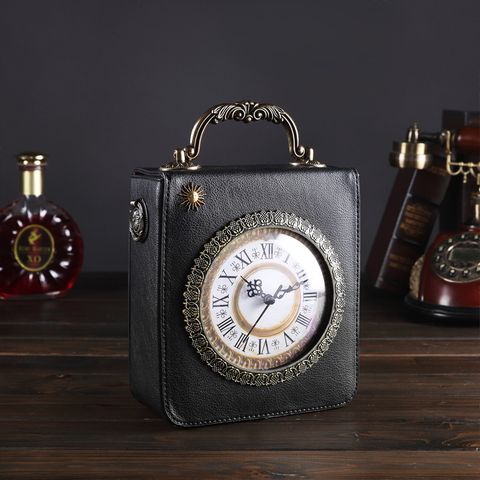 Women's Medium Pu Leather Clock Vintage Style Square Zipper Handbag