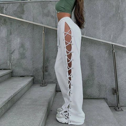 Women's Casual Daily Streetwear Solid Color Full Length Hollow Out Casual Pants