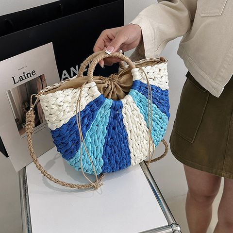 Women's Medium Spring&Summer Straw Color Block Streetwear String Shoulder Bag Handbag Straw Bag
