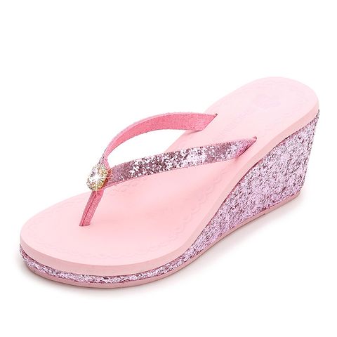 Women's Casual Solid Color Sequins Rhinestone T-Strap Flip Flops