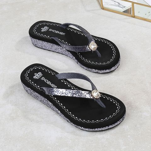 Women's Casual Solid Color Sequins Rhinestone Round Toe Flip Flops