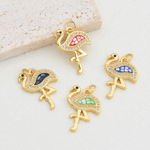 1 Piece 14*21mm Copper Shell Zircon 18K Gold Plated Flamingo Polished Pendant
