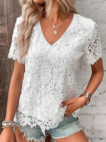 Women's Chiffon Shirt Short Sleeve Blouses Simple Style Solid Color