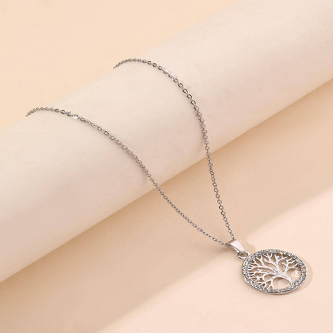 Simple Style Round Tree Alloy Hollow Out Inlay Zircon Silver Plated Women's Pendant Necklace