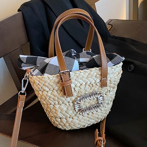 Women's Small Straw Solid Color Vintage Style Open Straw Bag